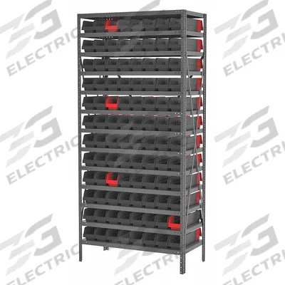 AKRO-MILS Bin Shelving: 36 in x 18 in x 79 in, 1 Sided, 96 Bins, Open, Indicator Bin - Metal Stationary Bin Shelving with Open-Front Bins