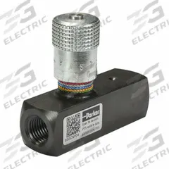 PARKER Flow Control Valve: 25 gpm Max Flow Rate, #12 SAE O-Ring Boss, #12 SAE O-Ring Boss, Steel (MPN F1220S). Key specifications — attr1018158: Manual; attr1018114: Rotary Knob; attr1018116: Steel; attr1018117: PARKER; attr1018137: Two-Way.