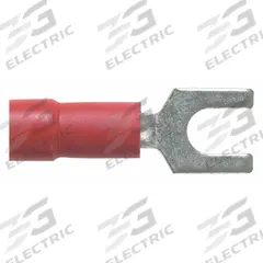 PANDUIT Fork Terminals: Red, Vinyl, #8 Stud Size, 22 AWG – 16 AWG Wire Range, Std Fork, 600 V (MPN PV18-8F-MY). Key specifications — Barrel Style: Funnel Entry; Manufacturer Part Number: PV18-8F-MY; Brand: PANDUIT; Series: EV18.