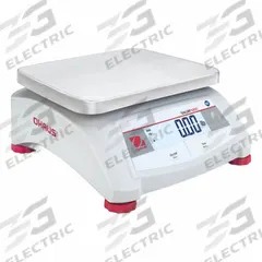 OHAUS Food Scale: 9 5/8 in Weighing Surface Dp, 7 1/2 in Weighing Surface Wd, 4 3/4 in Overall Ht (MPN V12P30 AM). Key specifications — Connection Ports: RS-232; Readability: 0.01 lb/5 g; Brand: OHAUS; IP Rating: Not IP Rated.