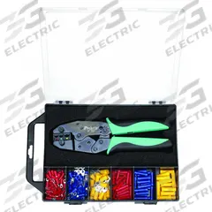 ECLIPSE Wire Terminal Kit: 176 Pieces, 22 AWG – 10 AWG Wire Sizes, Die Set/Ratcheted Crimper (MPN 500-037). Key specifications — Manufacturer Part Number: 500-037; Brand: ECLIPSE; Includes: (50) Red #6 Stud and (40) Blue #8 Stud Insulated Ring Terminals; Tool Included: Crimping Tool.