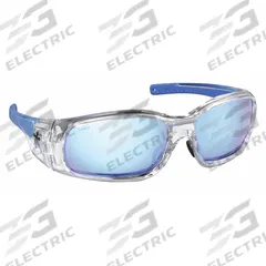 MCR SAFETY Safety Glasses: Blue Lens, Full-Frame, Mirrored/Scratch-Resistant, Clear Frame (MPN SR148B). Key specifications — Brand: MCR SAFETY; Frame Color: Clear; Lens Color: Blue; Lens Properties: Scratch-Resistant / Mirrored.