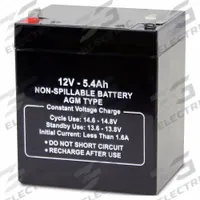 APPROVED VENDOR Sealed Lead Acid Battery: 12V DC, 5.4 Ah Capacity, 3.98 in Ht, 2.76 in Wd, ABS (MPN 5EFG7). Key specifications — Terminal Connection: 0.187 in Faston; Battery Cycle Type: Deep Cycle; Brand: APPROVED VENDOR; Housing Material: ABS.