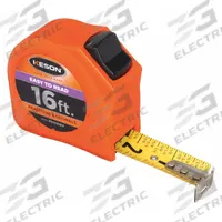 KESON Tape Measure: Nonmagnetic Single Hook Tip, 16 ft, Plastic, Orange (MPN PGTFD16V). Key specifications — attr935324: KESON; attr942259: Orange; attr935326: Vertical Read; attr935328: 1/16 in; attr935329: Inches; attr935337: SAE/Fractional-Read; attr936607: Manual Lock; attr972446: Inch/Fractional-Read.