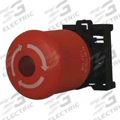 EATON Emergency Stop Push Button: Red, 22 mm Mounting Size, Non-Metallic, Maintained (MPN M22-PVLT). Key specifications — Brand: EATON; Action: Maintained; Legend: Twist Arrow; Series: M22; Push Button Material Type: Non-Metallic.