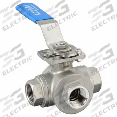 BONOMI Manual Three-Way Ball Valve: 3/4 in, CF8M Stainless Steel, L Flow, FNPT x FNPT x FNPT (MPN 966N-3/4'). Key specifications — Brand: BONOMI; Handle: Locking Lever.