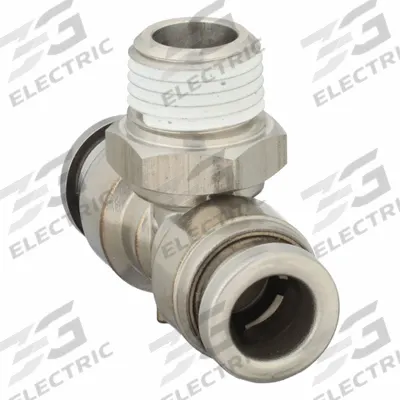 SMC Push-Fit Tee Fitting: 1/4 in OD x 1/4 in OD x 1/8 in Pipe x 1/4 in Pipe Size - Stainless Steel Tube Fittings