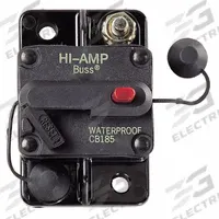 Automotive Circuit Breaker: CB185, 48V DC, 3 kA at 48V DC, Stud (MPN CB185-100). Key specifications — Series: CB185; Voltage: 48V DC; Interrupt Rating: 3 kA at 48V DC; Terminal Connection: Stud; Circuit Breaker Type: Hi-Amp Circuit Breaker; Brand: BUSSMANN.