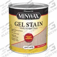 MINWAX Wood Stain: Wood Stain, Interior, Oil, 1 qt Container Size, Fiberglass/Metal/PVC/Wood (MPN 616110444). Key specifications — Brand: MINWAX; Transparency: Semi-Transparent; Use Location: Interior; Sub-Brand: Gel Stain; Color: Simple White.