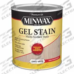 MINWAX Wood Stain: Wood Stain, Interior, Oil, 1 qt Container Size, Fiberglass/Metal/PVC/Wood (MPN 616110444). Key specifications — Brand: MINWAX; Transparency: Semi-Transparent; Use Location: Interior; Sub-Brand: Gel Stain; Color: Simple White.