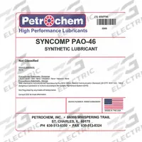 PETROCHEM Compressor Oil: 5 gal, Pail, 15 SAE Grade, 46 ISO Viscosity Grade, 134 Viscosity Index (MPN SYNCOMP PAO-46-005). Key specifications — attr59744: 134; attr59746: 46; attr59736: No; attr59735: Pail; attr59738: Syncomp PAO-46; attr59749: 15.
