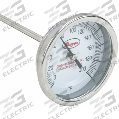 Dwyer Long Reach Dial Thermometer: 0°F to 200°F, +/- 1% Accuracy, 3 in Dial Dia - Fixed-Angle Long-Reach Thread-Mount Dial Thermometers