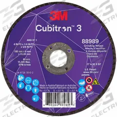 3M CUBITRON 3 Depressed Center Grinding Wheel: Type 27, 4" x 1/4" x 5/8", Ceramic, 36 Grit (MPN 88989). Key specifications — Brand: 3M CUBITRON 3.