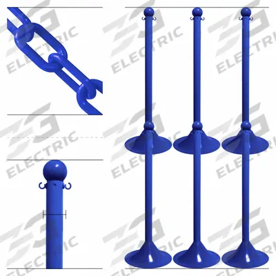APPROVED VENDOR Light Duty Stanchion Kit: Blue Chain Color, 50 ft Chain Lg, 4 Posts - Solid-Color Plastic Chain Barrier Systems