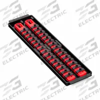 ERNST MANUFACTURING Twist-Lock Socket Organizer Tray: Red, 3 5/8 in Overall Wd, 30 Posts/Slots (MPN 8492). Key specifications — attr1125333: I.D. Stickers; attr1125348: Plastic; attr1125346: ERNST MANUFACTURING; attr1125347: Red; attr1136588: Sockets; attr1125364: Socket Rail.