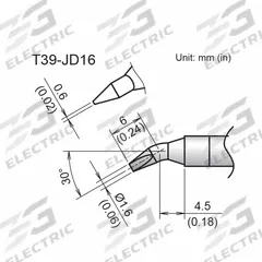 HAKKO Soldering Tip: T39 Series, Bent Chisel, 1.6 mm W, 10.5 mm Lg (MPN T39-JD16). Key specifications — Brand: HAKKO; Compatible Handpiece Manufacturer Model Number: FX-9702; Manufacturer Part Number: T39-JD16.