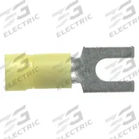 PANDUIT Fork Terminals: Yellow, Vinyl, #6 Stud Size, 14 AWG – 10 AWG Wire Range, Std Fork, 600 V (MPN PV10-6F-L). Key specifications — Barrel Style: Funnel Entry; Manufacturer Part Number: PV10-6F-L; Brand: PANDUIT; Series: CT.