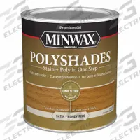 MINWAX Wood Stain: Wood Stain and Sealer, Interior, Oil, 1 qt Container Size, Wood, Satin, 1 Step (MPN 61310444). Key specifications — Brand: MINWAX; Transparency: Semi-Transparent; Use Location: Interior; Sheen: Satin; Sub-Brand: PolyShades; Color: Hoeny Pine.