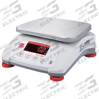OHAUS Food Scale: 7 1/2 in Weighing Surface Dp, 9 1/2 in Weighing Surface Wd, 4 7/8 in Overall Ht (MPN V41PWE1501T). Key specifications — Readability: 0.0005 lb/0.2 g; Brand: OHAUS; IP Rating: IPX8.