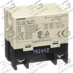 OMRON Enclosed Power Relay: Bracket Mounted, 30 A Current Rating, 24V DC, SPST-NO, 4 Pins/Terminals (MPN G7L-1A-BJ-CB-DC24). Key specifications — Brand: OMRON; Base Type: Square; Mounting Style: E-Bracket; Electrical Connection: Screw Terminal; Manufacturer Part Number: G7L-1A-BJ-CB-DC24; Operating Current: 30 A; Series: G7L Series; Relay Bracket Type: E-Bracket (Sold Separately).