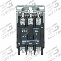 EATON Definite Purpose Magnetic Contactor: 3 Poles, 24V AC, 40 A, Non-Reversing (MPN C25DNF340T). Key specifications — Brand: EATON; Coil Voltage: 24V AC; Contactor Style: HVACR Definite Purpose Contactor; Frame Size: D; Terminal Connection Type: Quick-Disconnect Terminals; Maximum Voltage Rating: 690V AC; Series: C25 Series; Phase: Three.