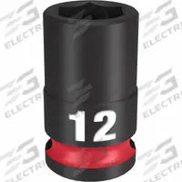MILWAUKEE Standard Impact Socket: 3/8 in Drive Size, Metric, 12 mm Socket Size, 6-Point, Std (MPN 49-66-6136). Key specifications — attr1215501: MILWAUKEE; attr1215515: Black Phosphate; attr1215518: 12 mm.