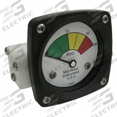MIDWEST INSTRUMENT 3-Color Differential Pressure Indicator: 1,000 psig Max. Static Pressure, 522 (MPN 522P-030). Key specifications — Brand: MIDWEST INSTRUMENT; Accuracy: ±5% of Full Scale; Sensor Material: Buna-N; Housing Material: Acetal Plastic; Transition Points: 0 psid to 13 psid (Green) / 13 psid to 20 psid (Yellow) / 20 psid to 30 psid (Red).
