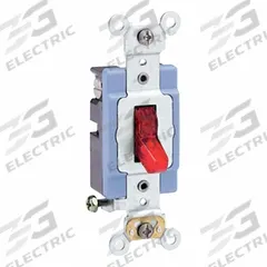 LEVITON Wall Switch: Toggle Switch, Single Pole, Maintained, Red, 120V AC, 15 A (MPN 1201-PLR). Key specifications — Illuminated: Yes.