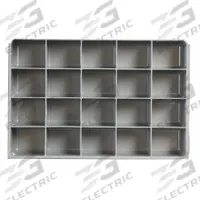 Compartment Drawer Insert: 18 in x 12 in x 3 in, 3 7/16 in x 2 27/32 in, 20 Compartments, 0 Dividers (MPN 124-95-20-IND). Key specifications — Color: Gray; Compartment HxWxD: (20) 3-7/16 in x 2-27/32 in; Removable Dividers: No; Compatible Manufacturer Model Number: 123-95; Brand: DURHAM MFG.