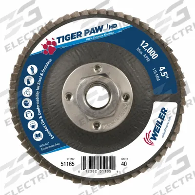 WEILER Flap Disc: Type 27, 4-1/2" x 5/8"-11, Zirconia Alumina, 40 Grit, Phenolic Bk - High-Performance Flap Discs for Carbon & Stainless Steel