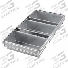 CHICAGO METALLIC Bread Pan: Aluminized Steel, 3 Slots, 9 3/4 in Overall Wd, 2 3/4 in Overall Dp (MPN 45635). Key specifications — Pan Style: Open Top Bread Pan; Brand: CHICAGO METALLIC; Color: Silver; Material: Aluminized Steel; NSF Certified: No; Number of Slots: 3.