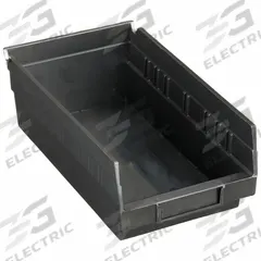 QUANTUM STORAGE SYSTEMS Shelf Bin: 11 5/8 in Overall Lg, 6 5/8 in x 4 in, Black, Nesting Capable (MPN QSB102CO). Key specifications — attr1179622: QUANTUM STORAGE SYSTEMS; attr1179611: 0%; attr1179616: QSB102CO; attr1179624: Dividers Not Included; attr1249172: Electrostatic Discharge Conductive.