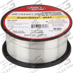 LINCOLN ELECTRIC MIG Welding Wire: Aluminum, ER4043, 0.03 in, 1 lb, SuperGlaze 4043 (MPN KH513). Key specifications — Brand: LINCOLN ELECTRIC.