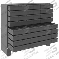 DURHAM MFG Drawer Bin Cabinet: 34 in x 12 1/4 in x 33 3/4 in, 48 Drawers, Stackable, Steel, Gray (MPN 017-95). Key specifications — Cabinet Material: Steel; Includes Dividers: Yes; Cabinet Finish: Powder Coated; Drawer Color: Gray; Cabinet Style: Drawer; Assembled: Assembled; Drawer Inside WxDxH: (48) 5-7/16 in x 11-7/8 in x 3-3/16 in; Cabinet Color: Gray.