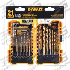 DEWALT Jobber Length Drill Bit Set: 21 Pc, 1/16" to 1/2", 135° Pilot Point, TiN-Coated HSS (MPN DW1361). Key specifications — attr1236168: ToughCase®+.