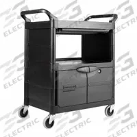 RUBBERMAID COMMERCIAL PRODUCTS Utility Cart: Enclosed, 200 lb Max Load Capacity, 2 Shelves (MPN FG345700BLA). Key specifications — NSF Certified: No; Brand: RUBBERMAID COMMERCIAL PRODUCTS; Caster Type: (4) Swivel; Enclosed/Open/Partially Enclosed: Enclosed; Color: Black; Material: Plastic; Product Type: Utility Cart.