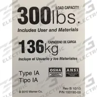 WERNER Duty Rating Label Replacement, 300 lb.: Fits Werner Brand (MPN LDR300). Key specifications — For Use With Grainger Item Number: 2EJG7; For Use With Mfr. Model Number: 310,373,374,375,376,378,6202,6203,6204,6205,6206,6207,6208,6210,6212,D1508-1,D1510-1,D1512-1,D1514-1,D1516-1,D1516-2,D1518-1,D1520-1,D1520-2,D1524-2,D1528-2,D1532-2,D1536-2,D1540-2,D6208-1,D6210-1,D6212-1,D6214-1,D6216-1,D6216-2,D6220-1,D6220-2,D6224-2,D6228-2,D6232-2,D6236-2,D6240-2,P6202,P6204,P6206,P6208,P6210,T6203,T6204,T6205,T6206,T6208,T6210,T6212,P372,P373,P374,P376,P378,PT310,PT372; Fits Brand: Werner; Product Type: Duty Rating Label Replacement, 300 lb.; Brand: WERNER.