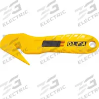 OLFA Hook-Style Safety Cutter: 6 1/4 in Overall Lg, Straight Handle, Textured, Steel, Yellow (MPN SK-10). Key specifications — attr307620: Yellow; attr307617: Straight; attr307618: Textured; attr307619: Steel; attr307627: Includes Tape Splitter; attr324885: OLFA.