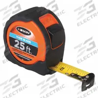 KESON Tape Measure: Nonmagnetic Single Hook Tip, 25 ft, Plastic with Rubberized Grip, Black (MPN PG181025WIDEV). Key specifications — attr935324: KESON; attr942259: Black; attr935326: Finger Brake; attr935328: 1/100 ft; attr935329: Feet; attr935337: SAE/Engineers Scale; attr936607: Manual Lock; attr972446: Inch/Engineer's Scale.