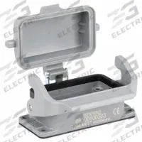 HARTING Rectangular Connector Housing: Size 10 B, Bulkhead Mount, Gray, Aluminum Die-Cast, IP65 (MPN 09300100303). Key specifications — IP Rating: IP65; Size Designation: 10 B; Seal Material: NBR; Locking Type: Single Lever; Brand: HARTING; Primary Material: Aluminum; Operating Temperature Range: -40 to 125 Degrees C.