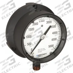 ASHCROFT Process Pressure Gauge: 0 psi to 5,000 psi, White, 4 1/2 in Dial, 1/2 in NPT Male, Bottom (MPN 451379SSL04L5000#). Key specifications — Brand: ASHCROFT; Pointer Color: Black; Accuracy: ±0.5%; Dial Color: White; Gauge Wetted Parts: Stainless Steel; Case Material: Epoxy-Coated Aluminum; Vibration Resistance Properties: Liquid-Filled; Pressure Range: 0 psi to 5,000 psi.