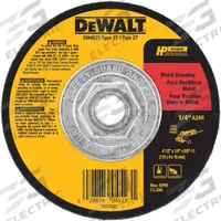 DEWALT Depressed Center Grinding Wheel: Type 27, 4 1/2" x 1/4" x 5/8"-11, Aluminum Oxide, 24 Grit (MPN DW4523). Key specifications — Series: A24R; Brand: DEWALT.