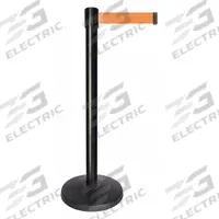 QUEUEWAY Barrier Post with Belt: Orange, No Pattern, No Legend, 10 ft Belt Lg, Black, 10 ft x 2 in (MPN QPLUS-33-O5). Key specifications — Base Material: ABS; Belt Color: Orange; Brand: QUEUEWAY; Post Material: Metal Alloy; Post Color: Black; Message: No Legend.