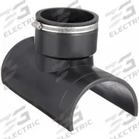FERNCO Flexible Tap Saddle Tee: PVC, For 4 in Pipe, Iron/PVC, 12 in Overall Lg, 3 Clamps Included (MPN TST-4). Key specifications — For Location: Above Ground; For Pipe Material: Iron; Brand: FERNCO; Clamp Material: Stainless Steel; Pipe Fitting Material: PVC.