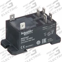 SCHNEIDER Enclosed Power Relay: DIN-Rail & Surface Mounted, 30 A Current Rating, 24V AC, DPST-NO (MPN RPF2AB7). Key specifications — attr211321: SCHNEIDER; attr864598: Square; attr864602: DIN Rail & Top Flange; attr864634: 1/4 in Tab Terminal; attr864642: RPF2AB7; attr869492: 30 A at 77V AC (NO UL); attr934629: Harmony™ RPF Power Series.
