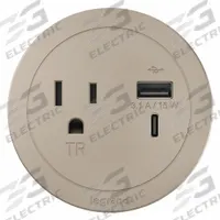 LEGRAND Furniture Power Outlet: 1 Outlets, 10 ft Cord Lg, Nickel, 5-15R, 3 in Wd, Recessed Mounting (MPN RFPCRUAUC-NI10). Key specifications — Color: Nickel; Shape: Round; Brand: LEGRAND; USB Connectors Included: Type A; Mounting Style: Recessed.