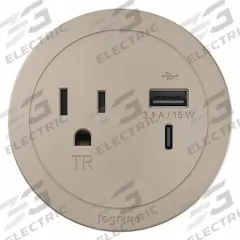 LEGRAND Furniture Power Outlet: 1 Outlets, 10 ft Cord Lg, Nickel, 5-15R, 3 in Wd, Recessed Mounting (MPN RFPCRUAUC-NI10). Key specifications — Color: Nickel; Shape: Round; Brand: LEGRAND; USB Connectors Included: Type A; Mounting Style: Recessed.