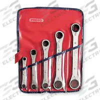 PROTO Box End Wrench Set: Alloy Steel, Chrome, 5 Tools, 1/4 in to 7/8 in Range of Head Sizes, Pouch (MPN J1190A). Key specifications — attr324927: PROTO; attr309452: Pouch; attr309451: No; attr309461: Chrome; attr309460: Alloy Steel; attr309463: No; attr309449: 1/4 in to 7/8 in.