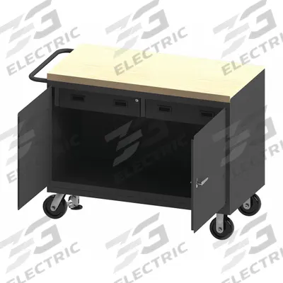 DURHAM MFG Mobile Cabinet Workbench: 48 in x 24 in, Butcher Block - Mobile Cabinet Benches with Drawers
