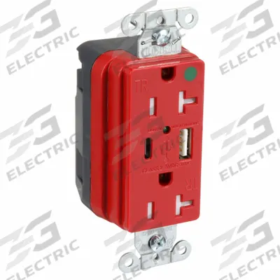 HUBBELL Receptacle: Duplex, 5-20R, 2 USB Ports, USB Type A/C, Red, 125V AC - Hospital-Grade Receptacles with USB Chargers